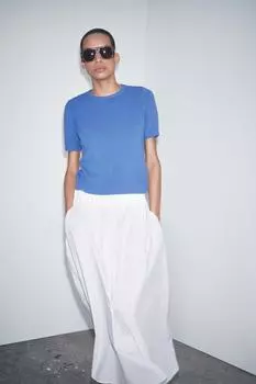 Однотонный топ из 100% шерсти ZARA, средне-синий