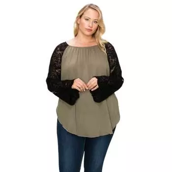 Однотонный топ с изящными кружевными рукавами-колоколами FASHNZFAB, оливковый