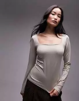 Однотонный топ с квадратным вырезом и длинными рукавами Topshop