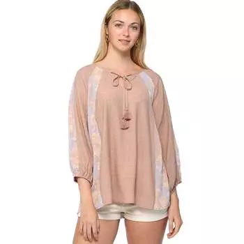 Однотонный топ с мятым узором и принтом, рукав реглан, завязка с кисточками FASHNZFAB, цвет light mauve