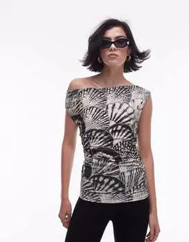 Однотонный топ с открытыми плечами и принтом ракушек Topshop