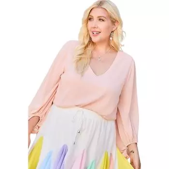 Однотонный топ с V-образным вырезом и рукавами-фонариками FASHNZFAB, красный