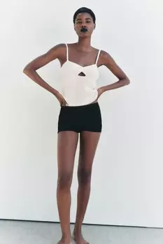 Однотонный трикотажный топ из льна с узловыми деталями ZARA, экрю