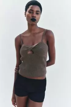 Однотонный трикотажный топ из льна с узловыми деталями ZARA, темный хаки