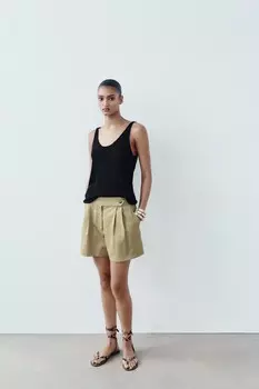 Однотонный трикотажный топ из смешанного льна с бретельками ZARA, черный