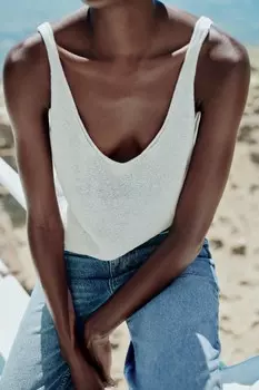 Однотонный трикотажный топ из смешанного льна с бретельками ZARA, белый
