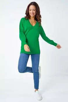 Однотонный удлиненный джемпер стрейч с V-образным вырезом Roman, зеленый