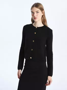 Однотонный женский трикотажный кардиган с круглым вырезом и длинными рукавами LCW Casual, новый черный