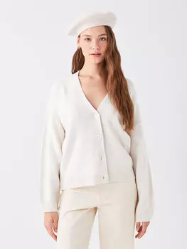 Однотонный женский трикотажный кардиган с V-образным вырезом и длинными рукавами LCW Casual, экрю