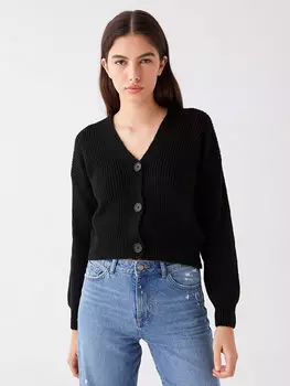 Однотонный женский трикотажный кардиган с V-образным вырезом и длинными рукавами LCW Casual, черный
