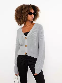 Однотонный женский трикотажный кардиган с V-образным вырезом и длинными рукавами LCW Casual, серый меланж