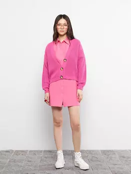 Однотонный женский трикотажный кардиган с V-образным вырезом и длинными рукавами LCW Casual, средний розовый