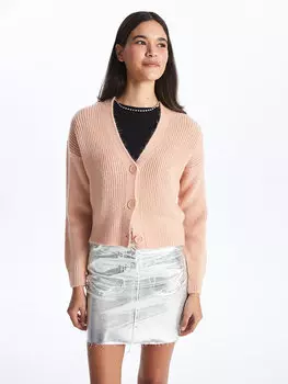Однотонный женский трикотажный кардиган с V-образным вырезом и длинными рукавами LCW Casual, светлый лосось