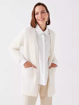 Однотонный женский трикотажный кардиган с V-образным вырезом и длинными рукавами LCW Grace, овсяный меланж