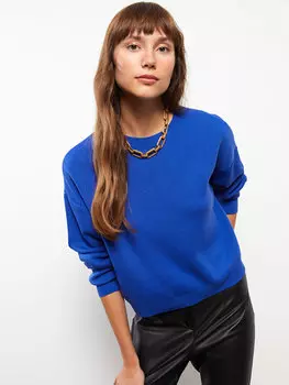 Однотонный женский трикотажный свитер с круглым вырезом и длинными рукавами LCW Vision, средний синий