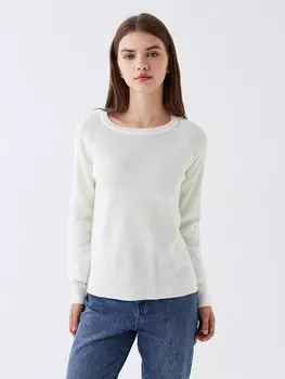 Однотонный женский трикотажный свитер с круглым вырезом и длинными рукавами LCW Casual, экрю