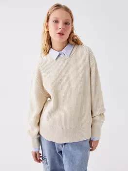 Однотонный женский трикотажный свитер с круглым вырезом и длинными рукавами LCW Casual, бежевый