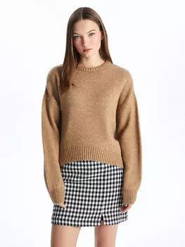 Однотонный женский трикотажный свитер с круглым вырезом и длинными рукавами LCW Casual, бежевый