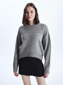 Однотонный женский трикотажный свитер с круглым вырезом и длинными рукавами LCW Casual, серый