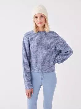 Однотонный женский трикотажный свитер с круглым вырезом и длинными рукавами LCW Casual, синий