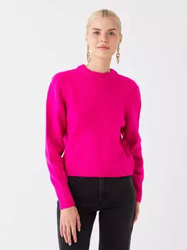 Однотонный женский трикотажный свитер с круглым вырезом и длинными рукавами LCW Vision, фуксия