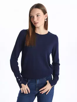 Однотонный женский трикотажный свитер с круглым вырезом и длинными рукавами LCW Vision, светло-темно-синий