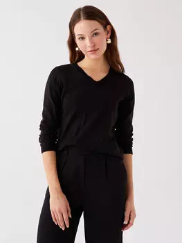 Однотонный женский трикотажный свитер с V-образным вырезом и длинными рукавами LCWAIKIKI Basic, новый черный