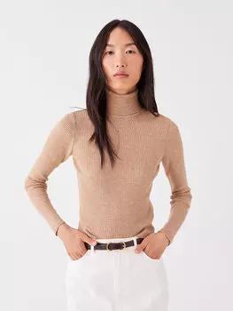 Однотонный женский трикотажный свитер с водолазкой и длинными рукавами LCW Casual, темно-бежевый