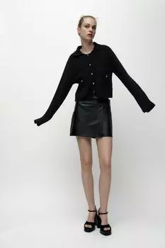 Однотяжная трикотажная куртка-поло ZARA, черный