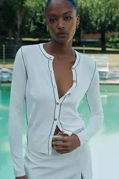 Однотяжной кардиган с контрастной отделкой ZARA, черный/белый