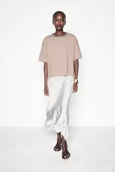 Однотяжной трикотажный топ с бусиной из страз ZARA, светлая норка