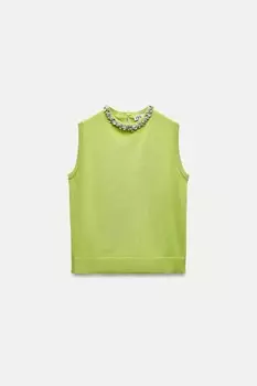 Однотяжной трикотажный топ с бусиной из страз ZARA, цвет fluorescent lime
