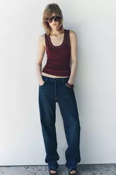 Однотяжной трикотажный топ с контрастной отделкой ZARA, бордовый