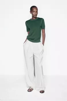 Однотяжной трикотажный топ с контрастной отделкой ZARA, зеленый/экрю