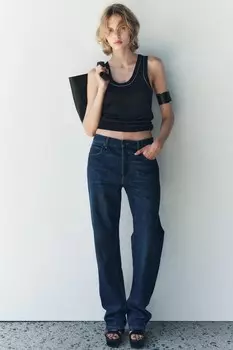 Однотяжной трикотажный топ с контрастной отделкой ZARA, черный