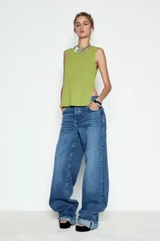 Однотяжной трикотажный топ с пуговицами сзади ZARA, зеленый