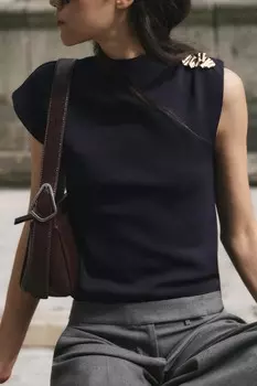 Однотяжной трикотажный топ с золотой аппликациями ZARA, темно-синий
