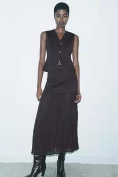 Однотяжной трикотажный топ с золотой пуговицей ZARA, коричневый