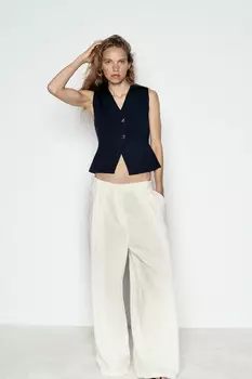 Однотяжной трикотажный топ с золотой пуговицей ZARA, темно-синий