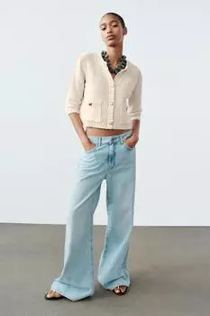 Однотрикотажный кардиган ZARA, экрю