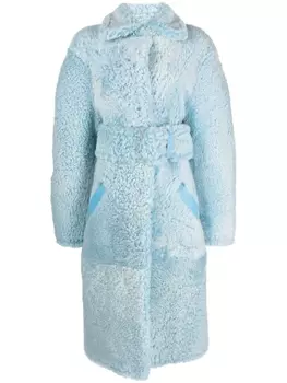 Off-White длинная шуба из овчины с поясом, синий
