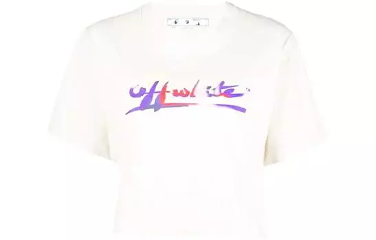 OFF-WHITE Укороченная футболка с логотипом OFF WHITE, бежевая/фиолетовая