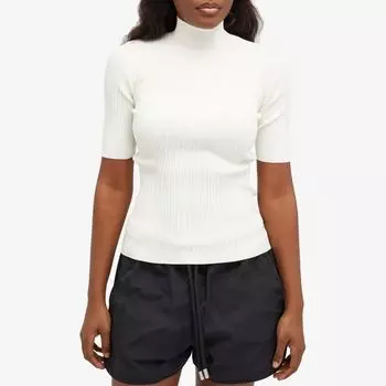 Off-White Вязаный топ с короткими рукавами и воротником-стойкой, бежевый