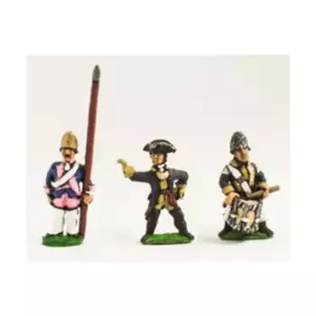 Офицер-фузилер, знаменосец с голым флагштоком и барабанщик, Seven Years War Miniatures - Prussian (15mm)