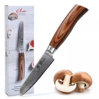 Офисный нож Wakoli EDIB Pro Damascus Mukimono I, лезвие 10 см, I деревянная ручка Pakka
