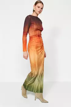 Ограниченная серия многоцветного драпированного платья макси с вырезом «лодочка» Trendyol, разноцветный