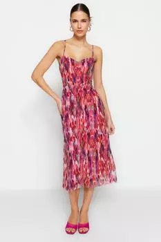 Ограниченная серия тюлевого платья миди с разноцветным узором и перекрестием на спине, с вырезом в форме сердца и тюля Trendyol, разноцветный