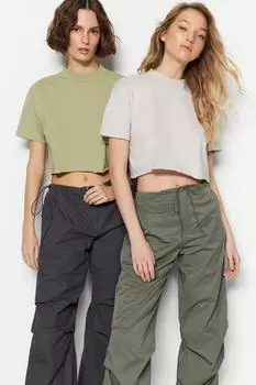 Oil Green-Stone, 100% хлопок, комплект из 2 базовых укороченных трикотажных футболок с воротником-стойкой Trendyol, зеленый