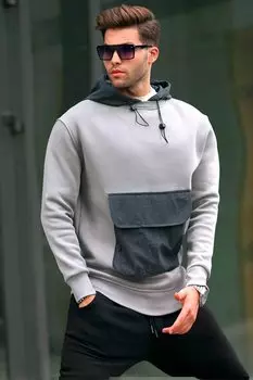 Окрашенная серая мужская толстовка с капюшоном и карманом-кенгуру 6138 MADMEXT