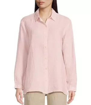 Окрашенный носовой платок Eileen Fisher, льняная рубашка с острым воротником, длинными рукавами и пуговицами спереди, розовый